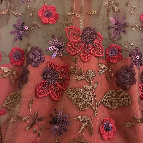 Bronx and Banco Della Rouge Mini Dress Red Floral Sheer Embellished Sz Medium 6 - Picture 12 of 12